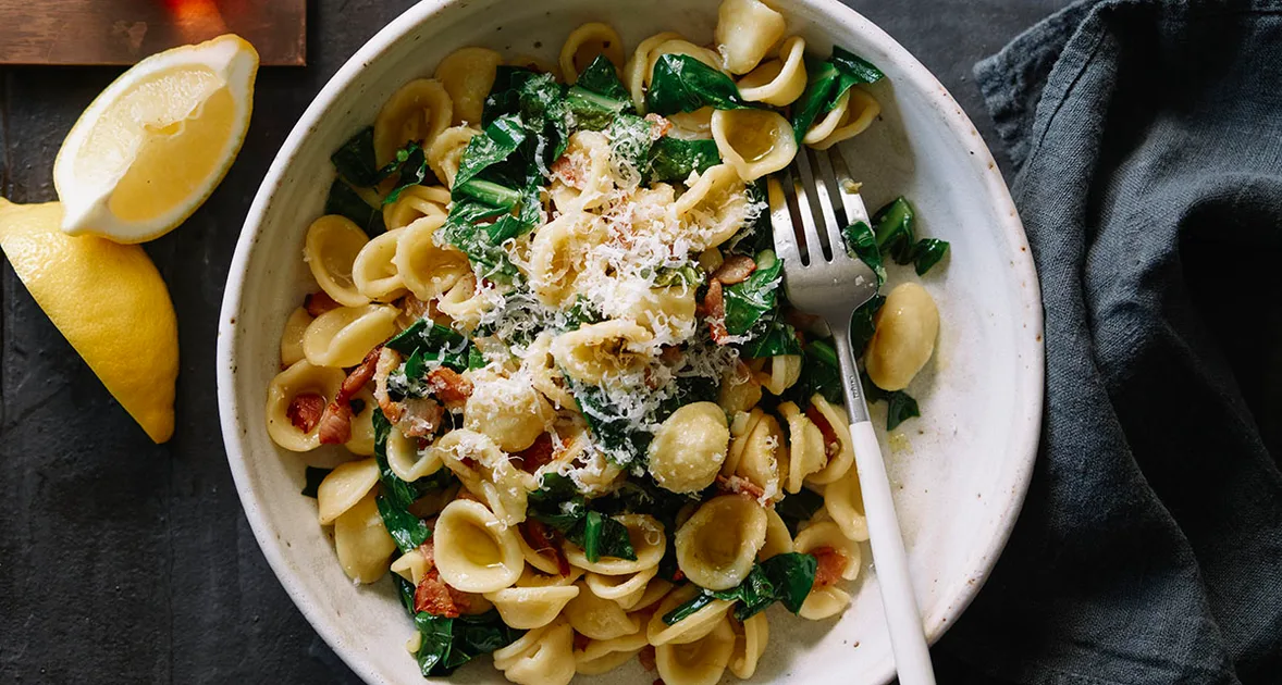 Orecchiette with Turnip Tops, Bacon and Lemon