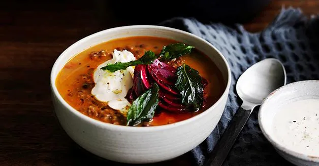 Persian Lentil Soup with Tahini, Beetroot & Mint