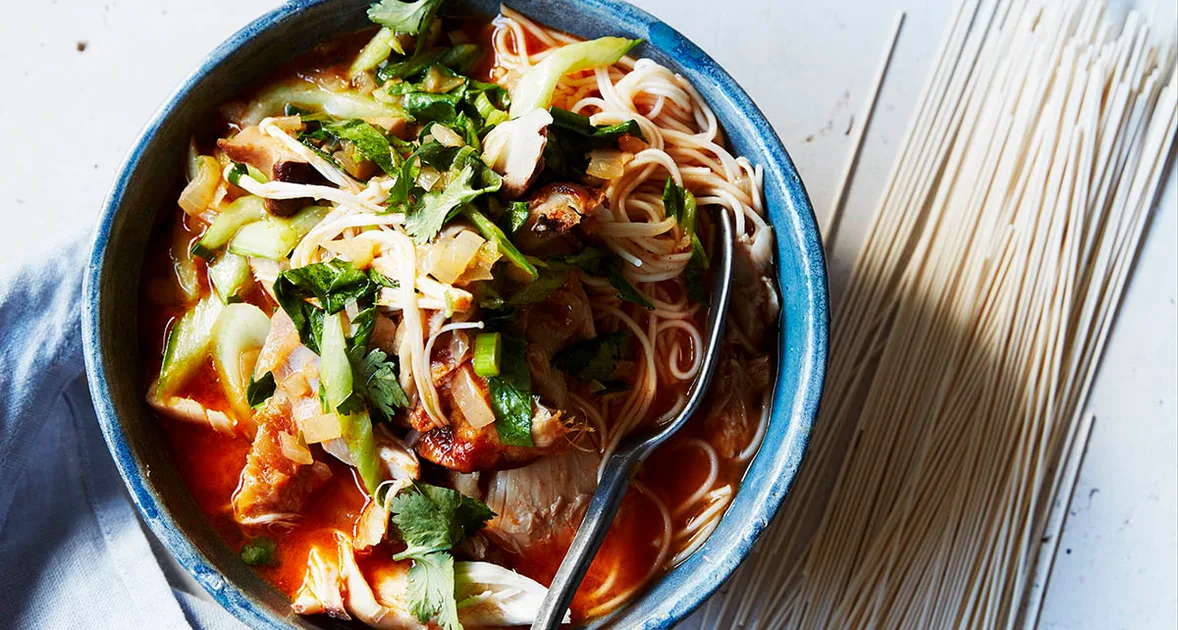 Spicy roast chicken noodle soup recipe | Gourmet Traveller