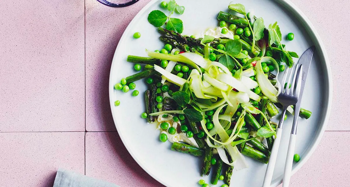 Grilled Asparagus and Pea Salad With Labne