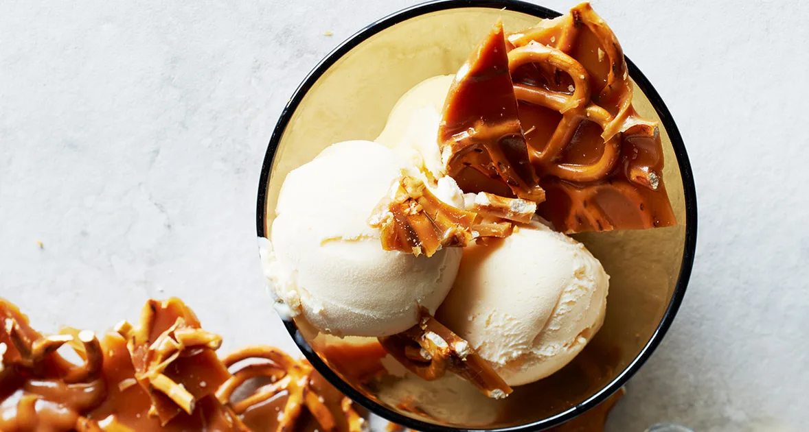 Pretzel brittle recipe with ice-cream | Gourmet Traveller