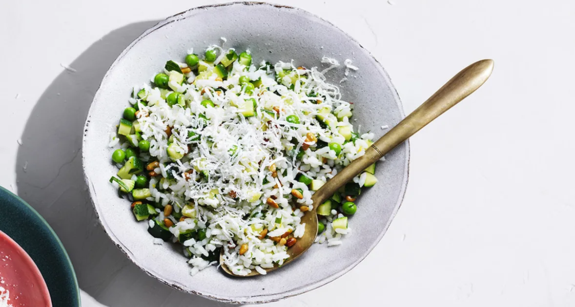 Rice Salad with Peas, Mint, Zucchini, Lemon and Pine Nuts