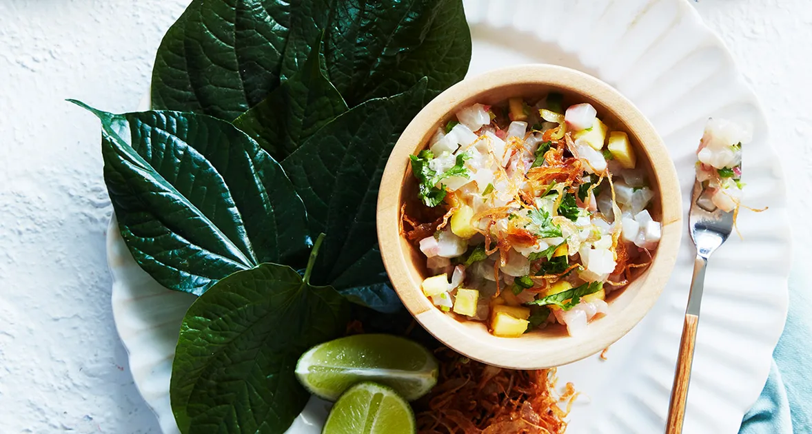 Kingfish Crudo with Pineapple and Betel Leaves Recipe