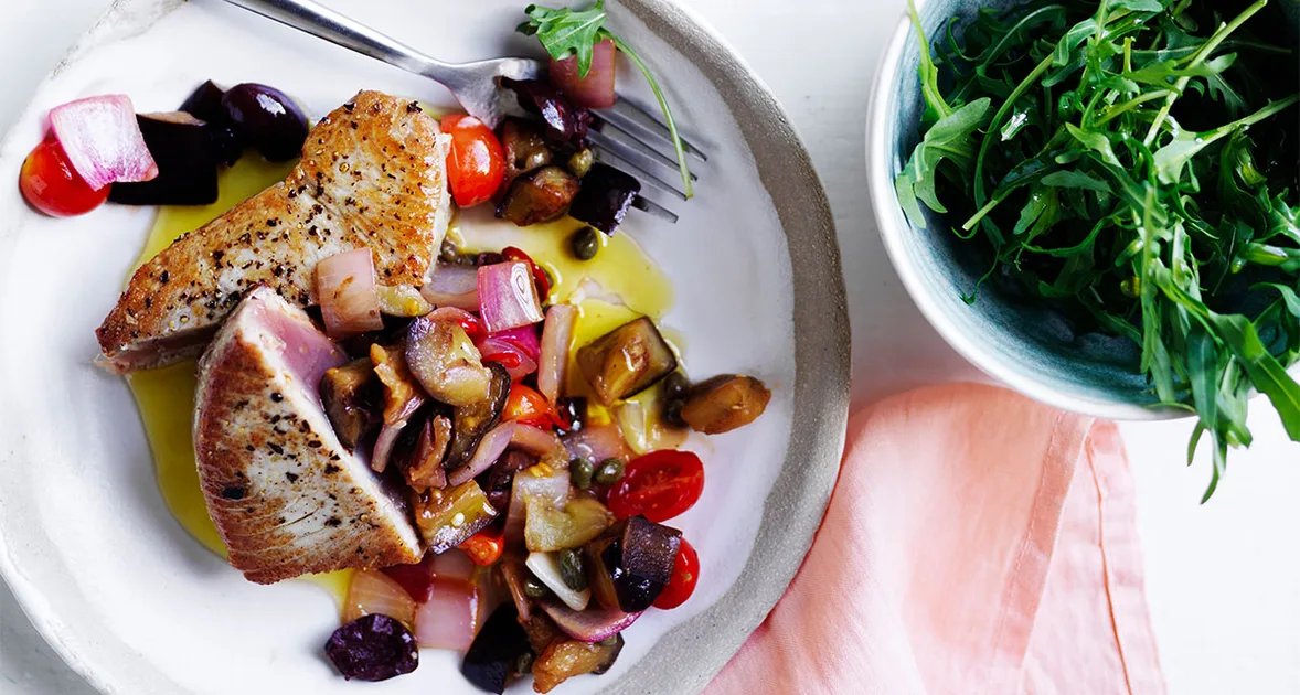 Tuna with caponata recipe | Gourmet Traveller