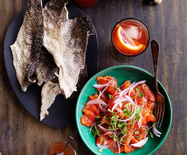 Trout ceviche and crisp fish skins