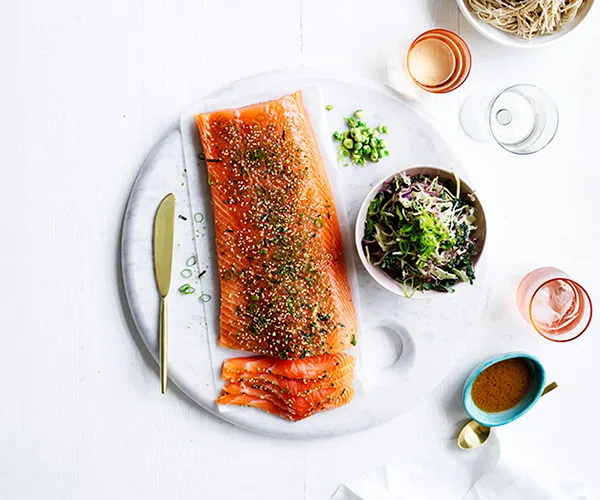 Miso-cured salmon bowls with green-tea noodles