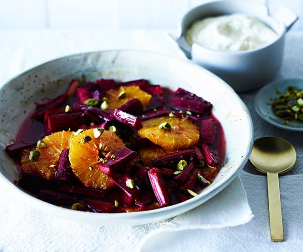 Baked rhubarb with orange and citrus mascarpone