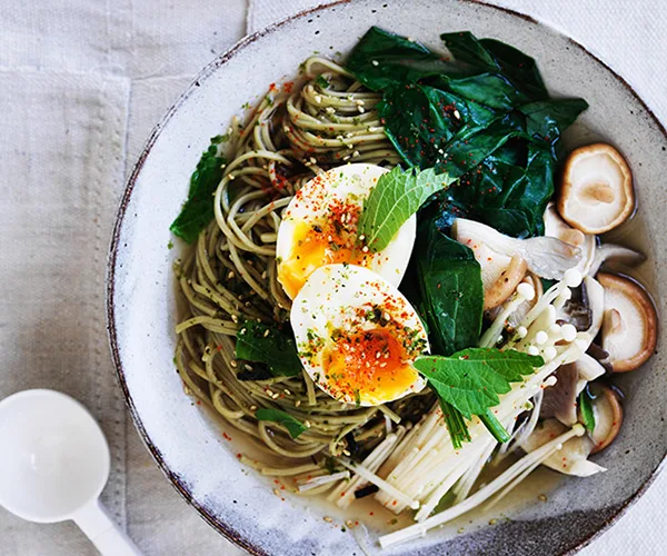 Matcha noodles with miso broth and soft egg