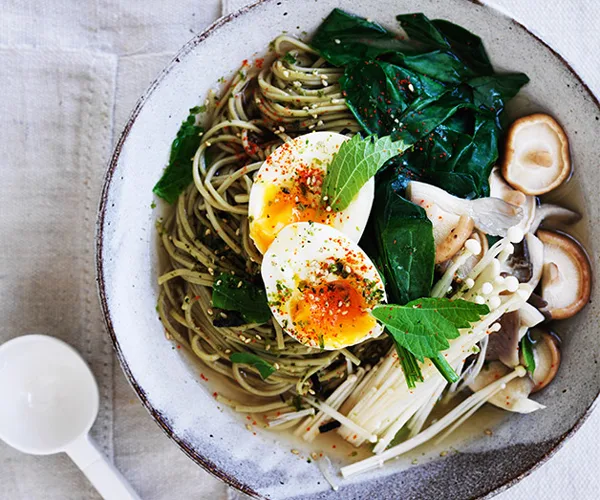 Matcha noodles with miso broth and soft egg recipe