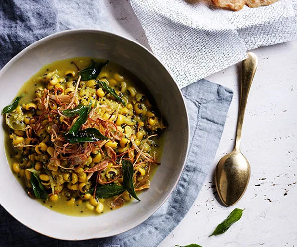Black-eyed pea curry with crisp shallots recipe
