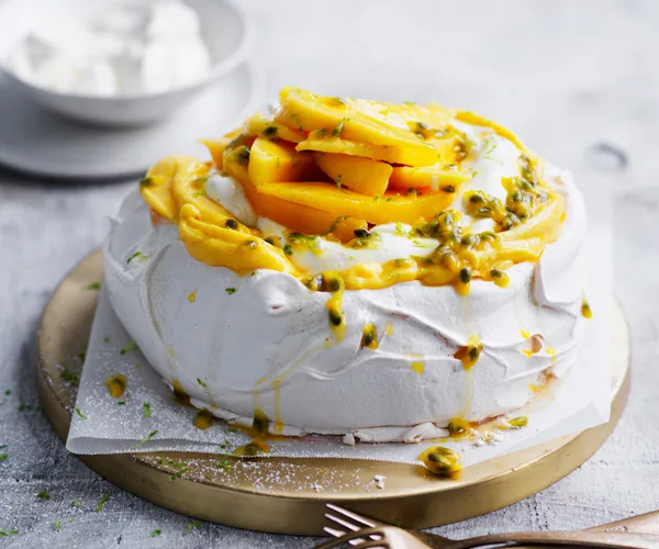 Passionfruit and mango pavlova