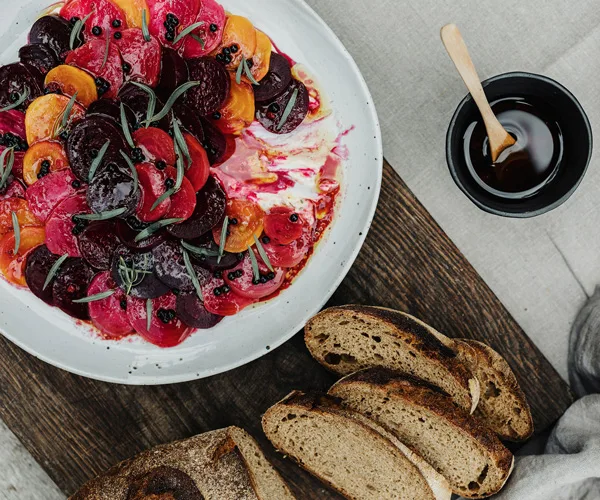 Roasted beetroot recipe with crème fraîche and bottarga