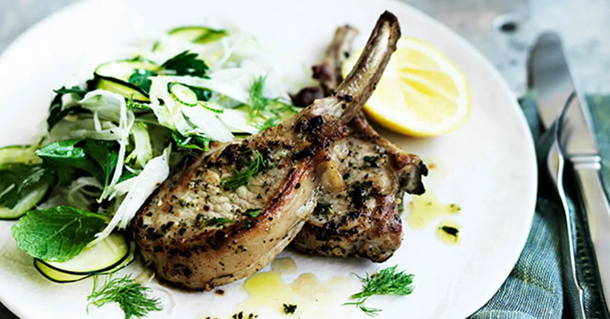 Grilled Pork Chops with Zucchini, Fennel and Mint Salad