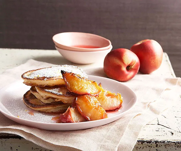 Buttermilk pancakes with glazed white nectarines