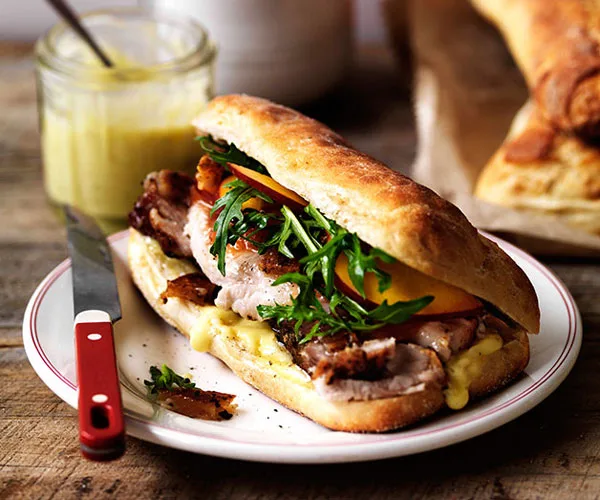 Porchetta, Crackling and Nectarine Relish on Ciabatta