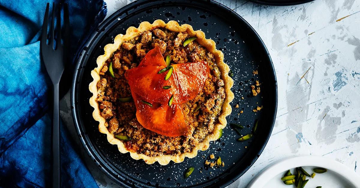 Persimmon, Pistachio, and Ginger Crumble Tarts
