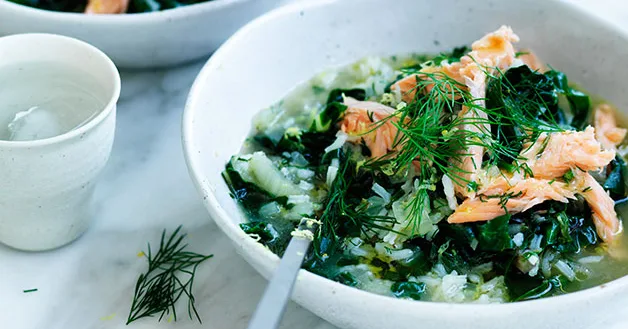 Silverbeet Soup with Rice, Lemon & Smoked Trout