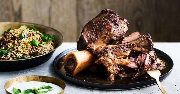 Braised beef shin with grain salad and yoghurt sauce recipe | Gourmet Traveller