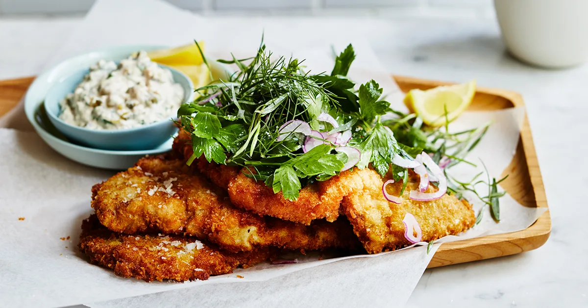Veal Schnitzel with Tuna Sauce and Herb Salad