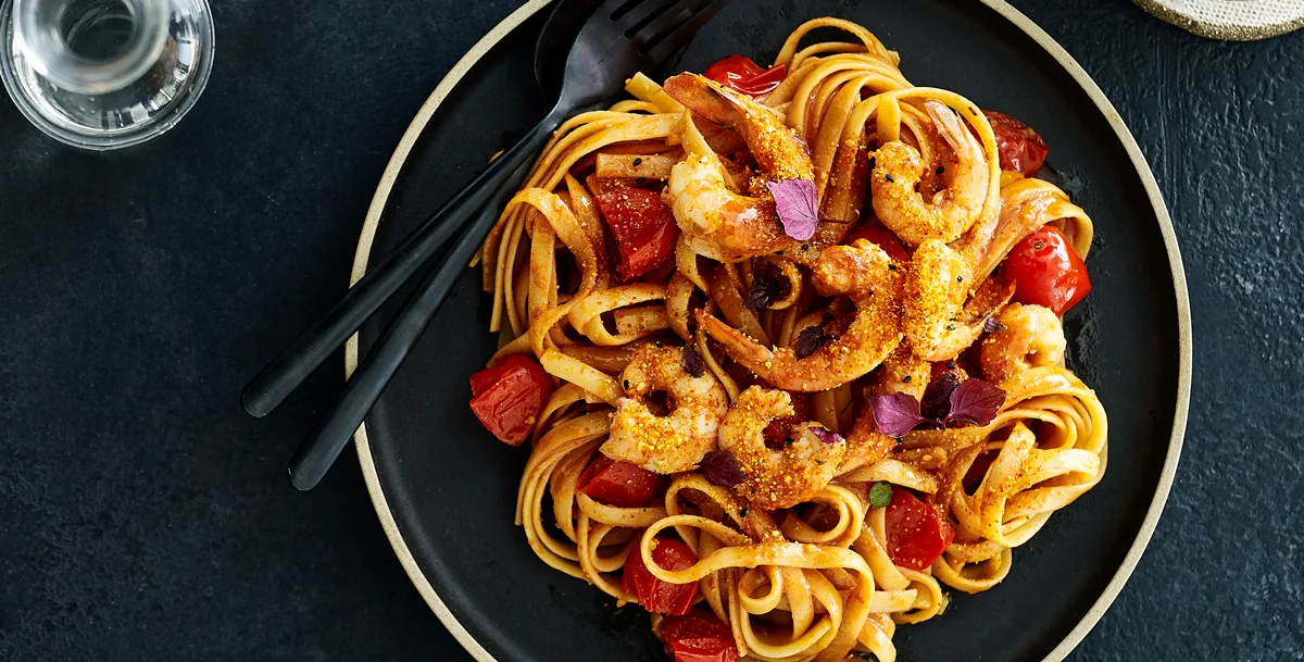 Wafu pasta recipe: fettuccine with prawns, tomato and sake-soy butter | Gourmet Traveller