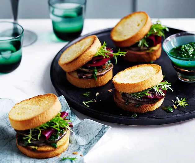 Grilled tongue sandwiches with charred onion and pickled beetroot