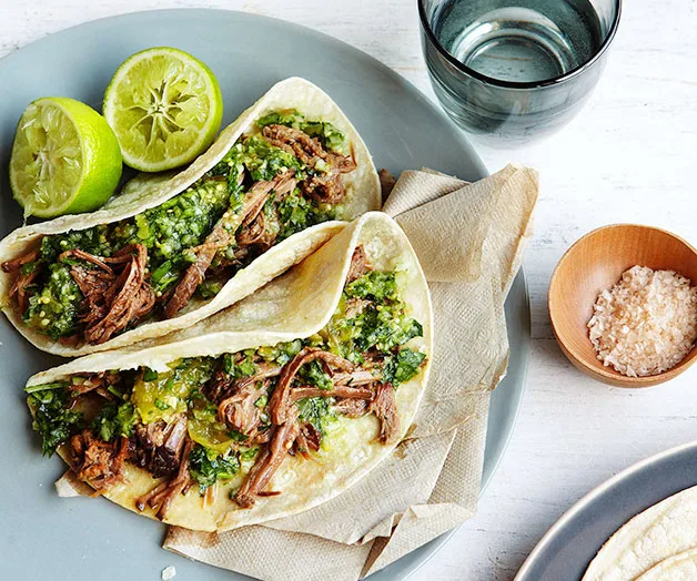 Brisket tortillas with green chilli, tomatillo and cucumber salsa