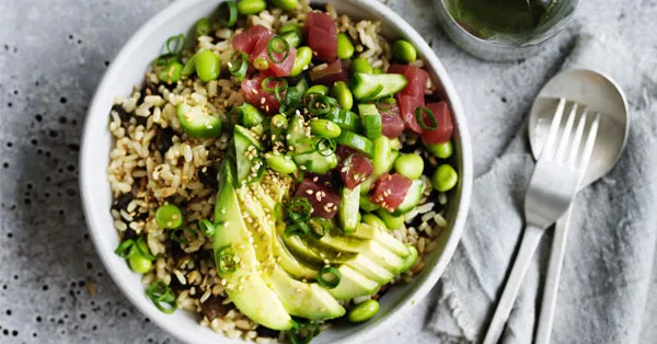 Avocado and tuna brown rice bowl recipe | Gourmet Traveller