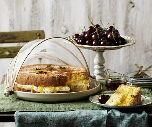 Victoria sponge cake with a slice removed, topped with a net cover, served with cherries and a rustic background.