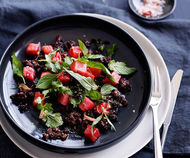 Sticky Pork, Watermelon Pickle and Herb Salad