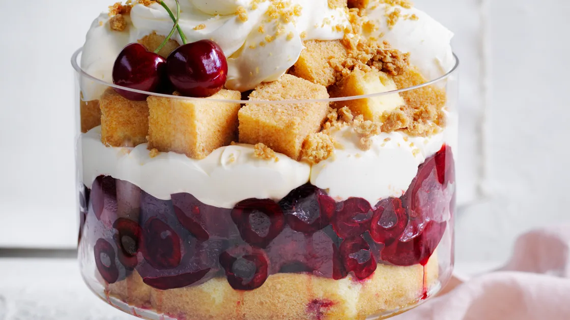 Plum and cherry trifle recipe with coffee and cardamom crumb | Gourmet Traveller