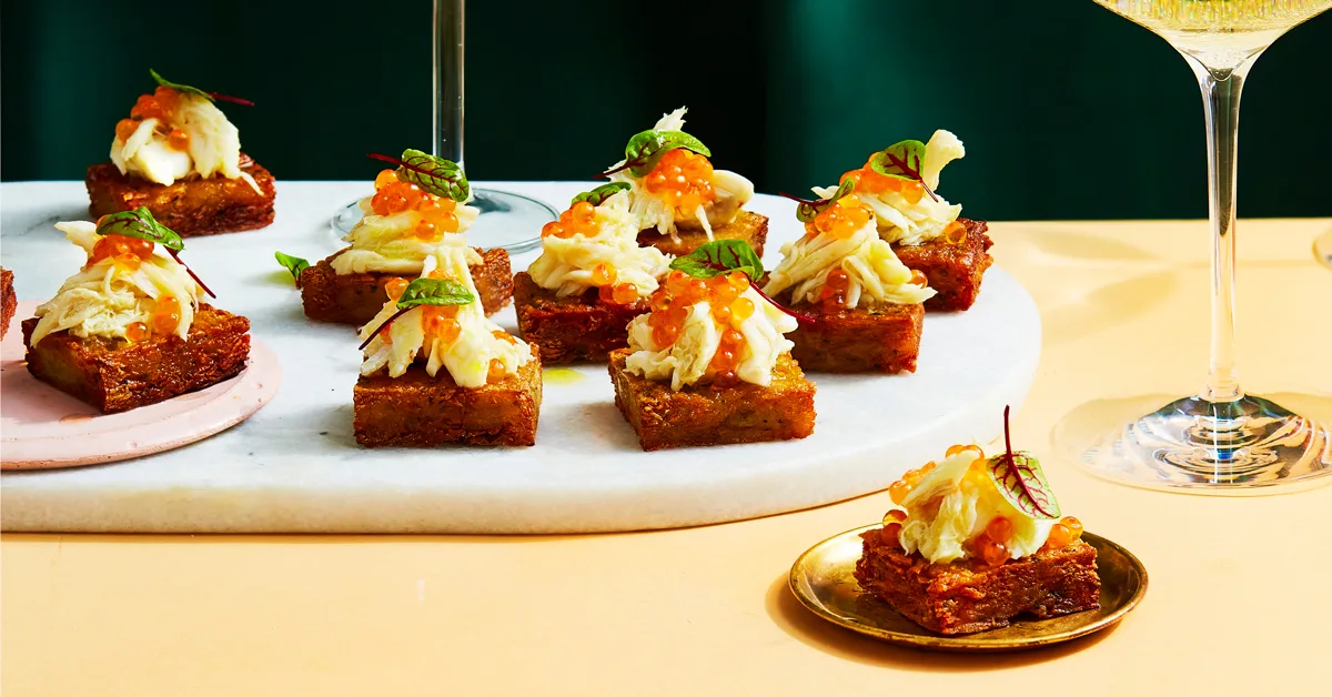 Potato rosti with crab and salmon rose | Gourmet Traveller