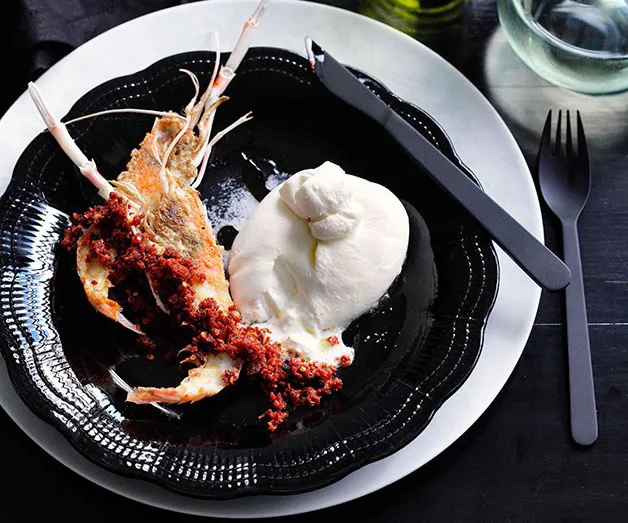 Scampi with burrata and &rsquo;nduja