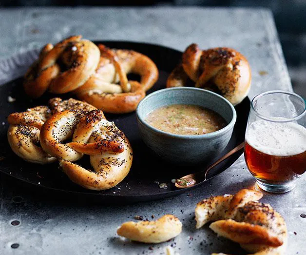 Soft garlic and poppyseed pretzels with wholegrain beer mustard