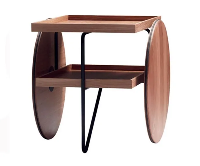 Wooden cart with two large round side wheels and two square trays, supported by black metal frames.