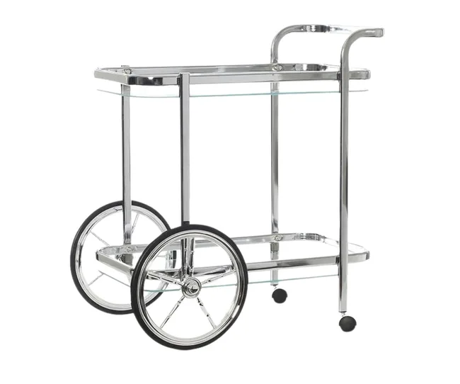 Chrome bar cart with two large rear wheels and two small front wheels, featuring two glass shelves.
