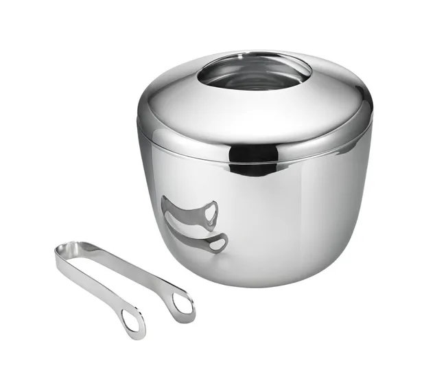 Stainless steel ice bucket with tongs, featuring a sleek, modern design and a reflective surface.