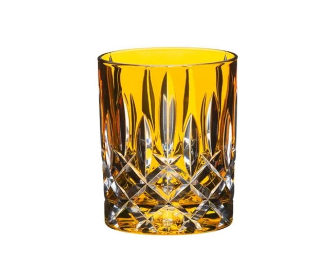 Crystal tumbler with diamond cut design and amber tint.