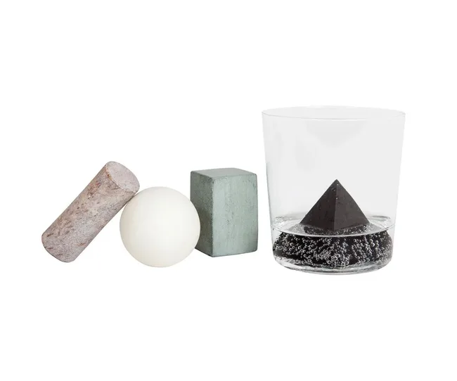 "Four geometric shapes: cylinder, sphere, cuboid, and pyramid in glass with liquid, arranged on white background."