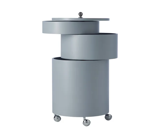 Gray cylindrical swivel storage unit with three compartments and wheels, partially opened showing inner sections.