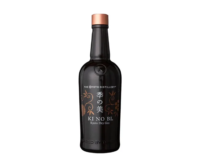 Bottle of Ki No Bi Kyoto Dry Gin, black with gold designs and text, from The Kyoto Distillery.
