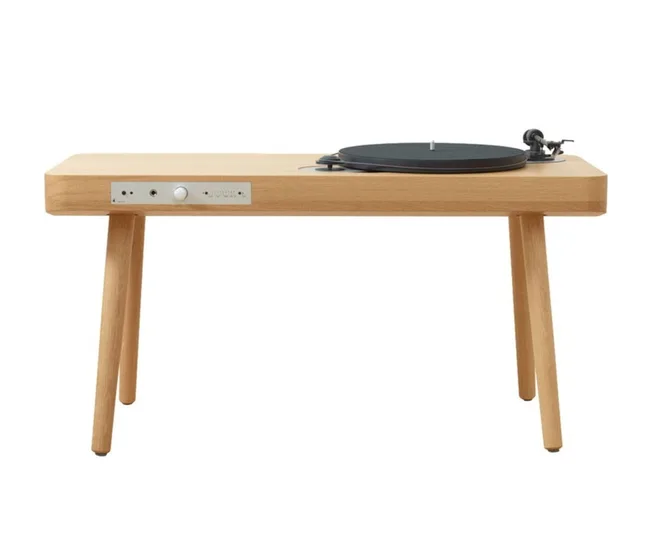 Mid-century modern turntable with a wooden stand and black platter.