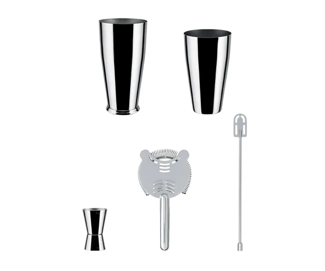 Cocktail shaker set with shaker tins, strainer, jigger, and stirrer arranged against a white background.