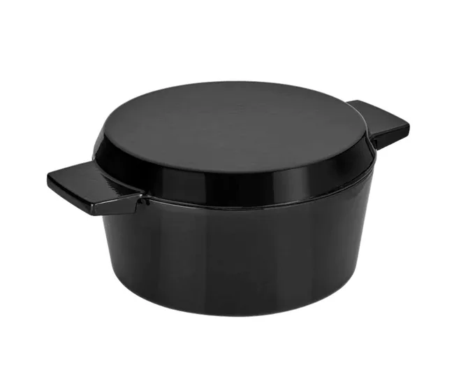 Black cast iron Dutch oven with lid and two handles.