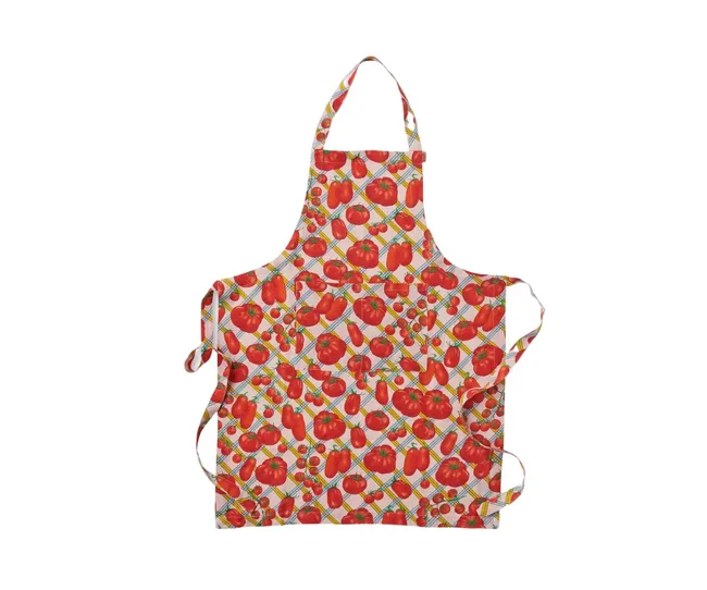 Apron with red tomato pattern on white background, featuring adjustable neck strap and waist ties.