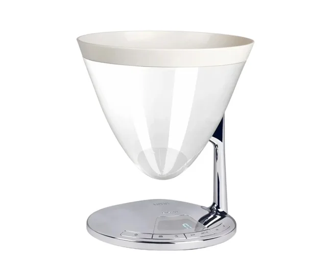 A white and chrome futuristic digital scale with a conical bowl on top.