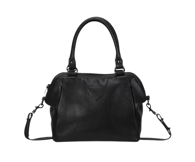 Classic black leather handbag with dual handles and detachable shoulder strap on a white background.