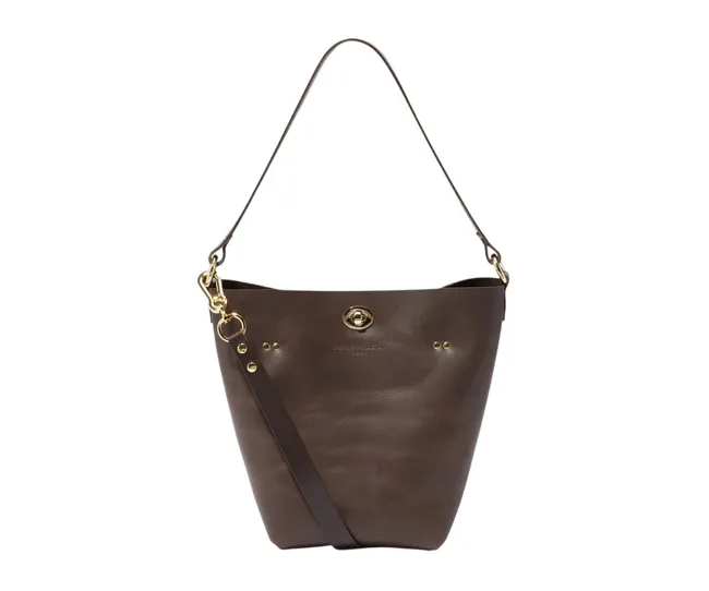 Brown leather bucket bag with a shoulder strap and gold-tone hardware.