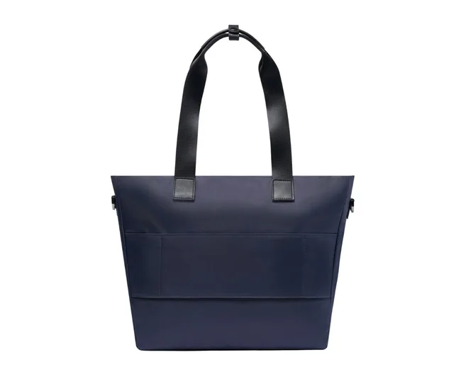 Dark navy tote bag with black handles and external pocket. Ideal for everyday use.
