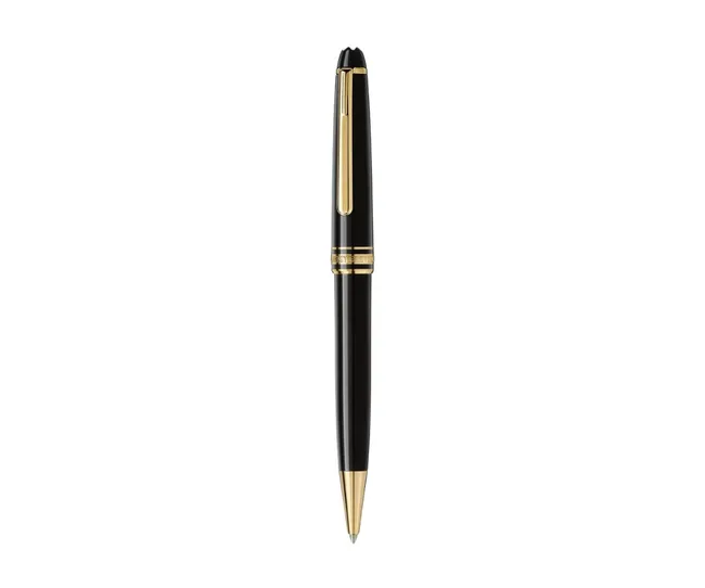 Black and gold pen with a clip and sleek design on a white background.