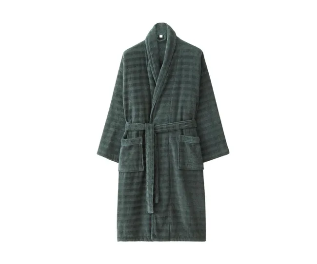 Dark green plaid bathrobe with long sleeves, front pockets, and a belt tie, displayed on a white background.